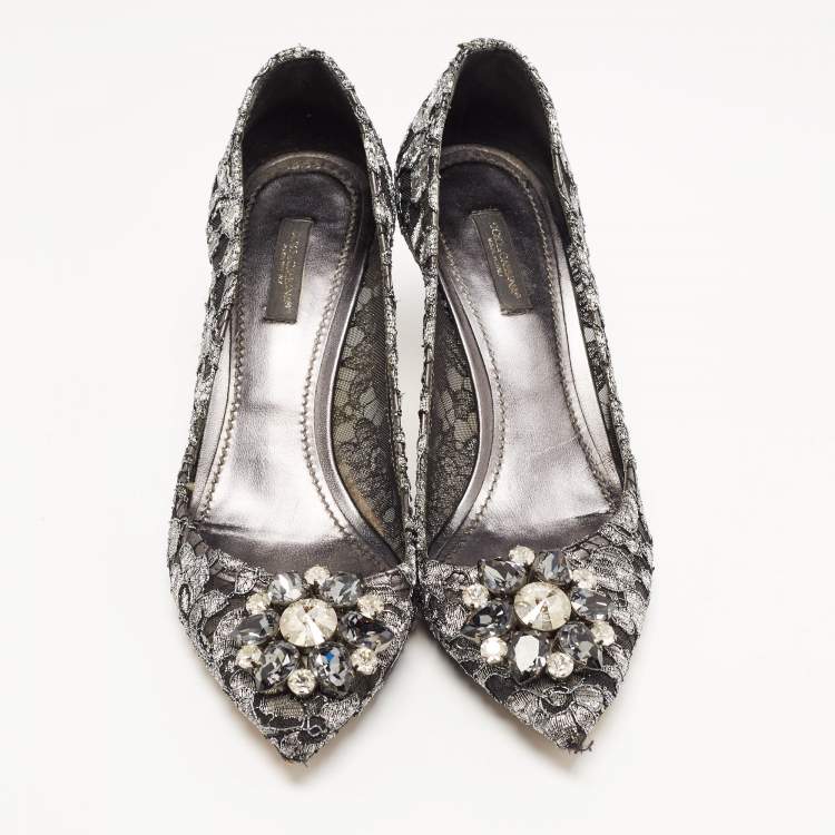 Pre Owned Dolce & Gabbana Silver/Black Mesh and Lace Bellucci Pumps Size 39
