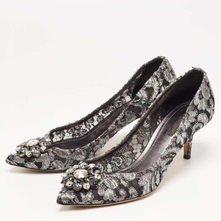 Pre Owned Dolce & Gabbana Silver/Black Mesh and Lace Bellucci Pumps Size 39