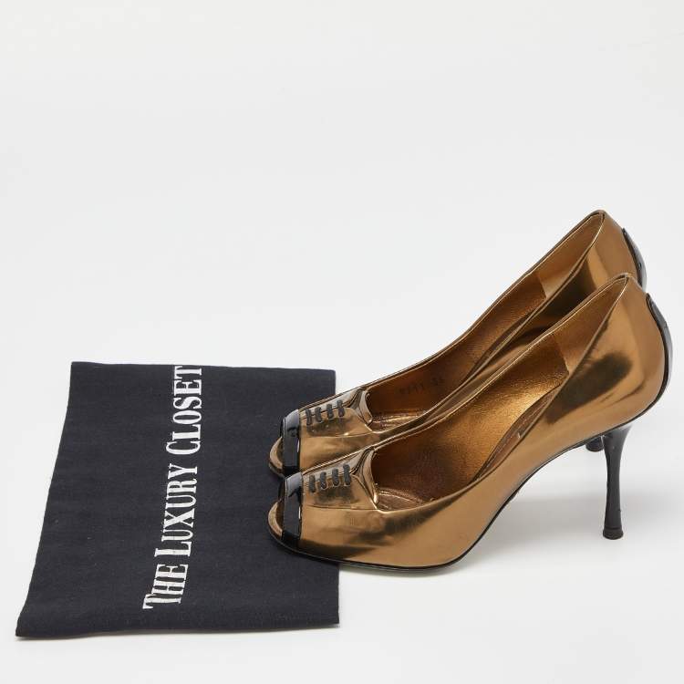 Pre Owned Dolce & Gabbana Metallic//Black Leather and Patent Peep Toe Pumps Size 36
