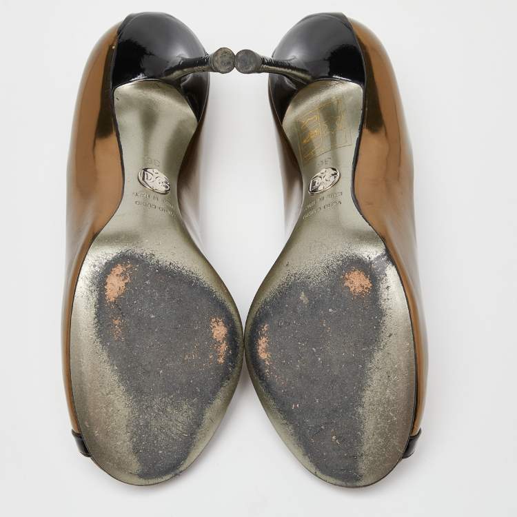 Pre Owned Dolce & Gabbana Metallic//Black Leather and Patent Peep Toe Pumps Size 36