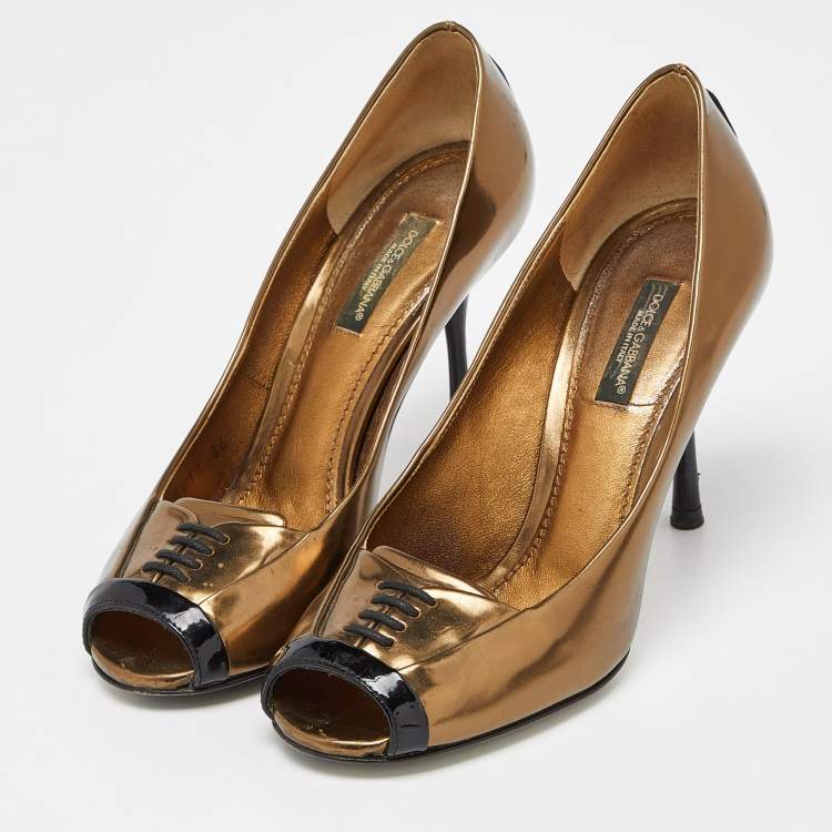 Pre Owned Dolce & Gabbana Metallic//Black Leather and Patent Peep Toe Pumps Size 36
