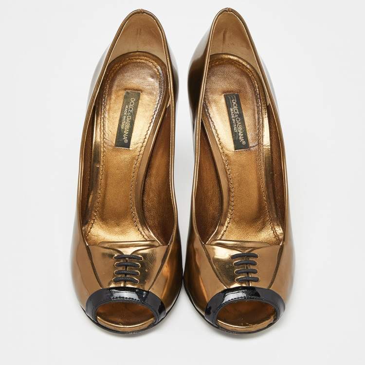 Pre Owned Dolce & Gabbana Metallic//Black Leather and Patent Peep Toe Pumps Size 36