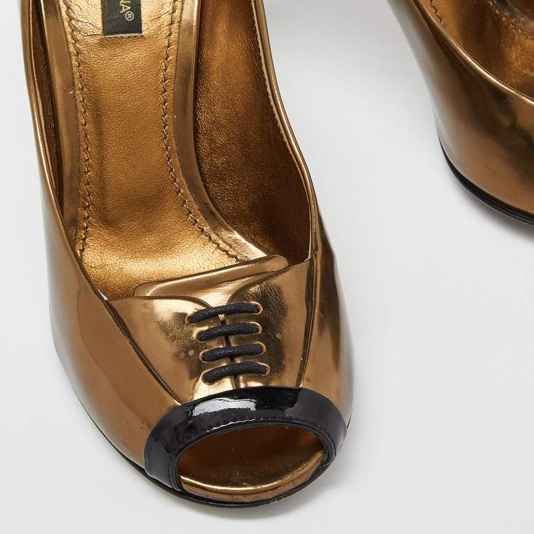 Pre Owned Dolce & Gabbana Metallic//Black Leather and Patent Peep Toe Pumps Size 36