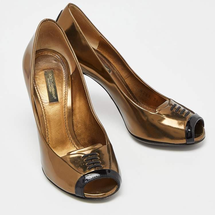 Pre Owned Dolce & Gabbana Metallic//Black Leather and Patent Peep Toe Pumps Size 36