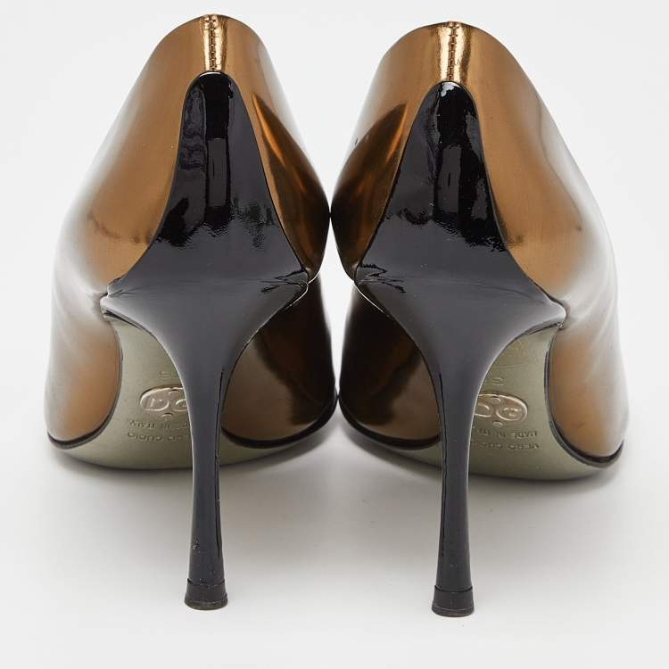 Pre Owned Dolce & Gabbana Metallic//Black Leather and Patent Peep Toe Pumps Size 36