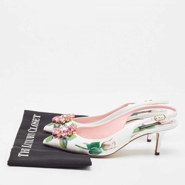 Pre Owned Dolce & Gabbana White Leather Jeweled Floral Print Pointed Toe Pumps Size 39