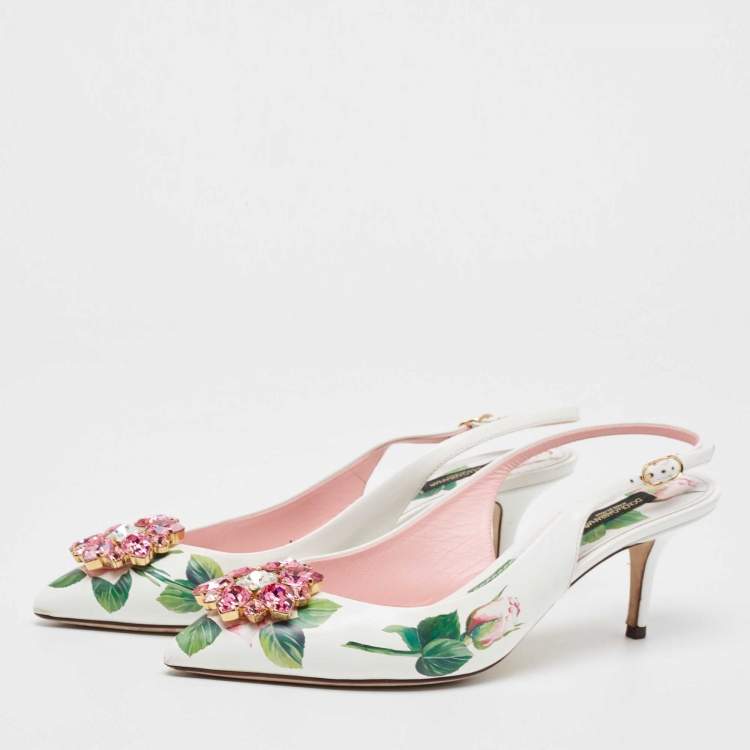 Pre Owned Dolce & Gabbana White Leather Jeweled Floral Print Pointed Toe Pumps Size 39