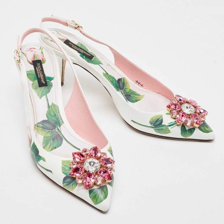 Pre Owned Dolce & Gabbana White Leather Jeweled Floral Print Pointed Toe Pumps Size 39