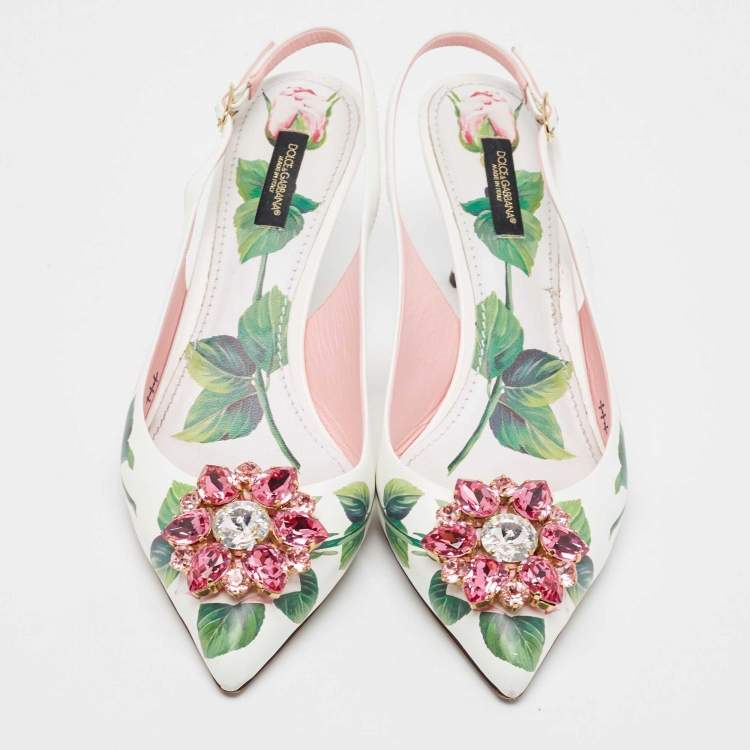 Pre Owned Dolce & Gabbana White Leather Jeweled Floral Print Pointed Toe Pumps Size 39