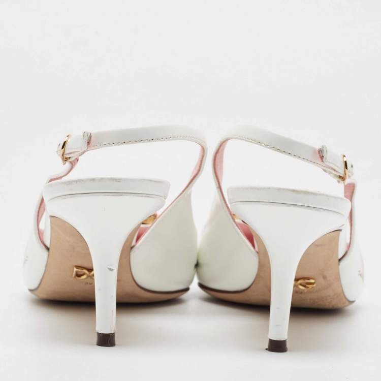 Pre Owned Dolce & Gabbana White Leather Jeweled Floral Print Pointed Toe Pumps Size 39
