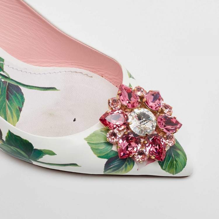 Pre Owned Dolce & Gabbana White Leather Jeweled Floral Print Pointed Toe Pumps Size 39