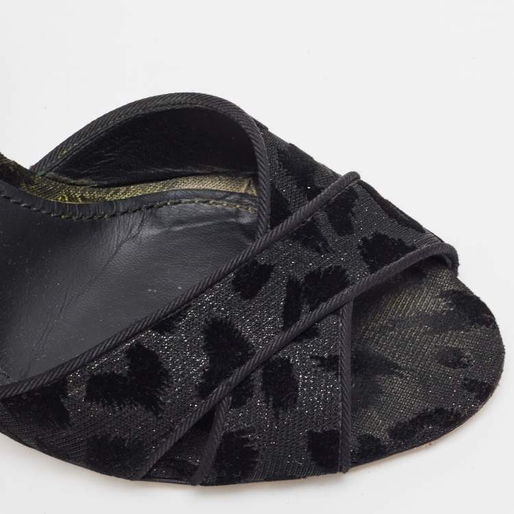 Pre Owned Dolce & Gabbana Black Leopard Print Glitter Fabric Ankle Strap Sandals Size 39.5
