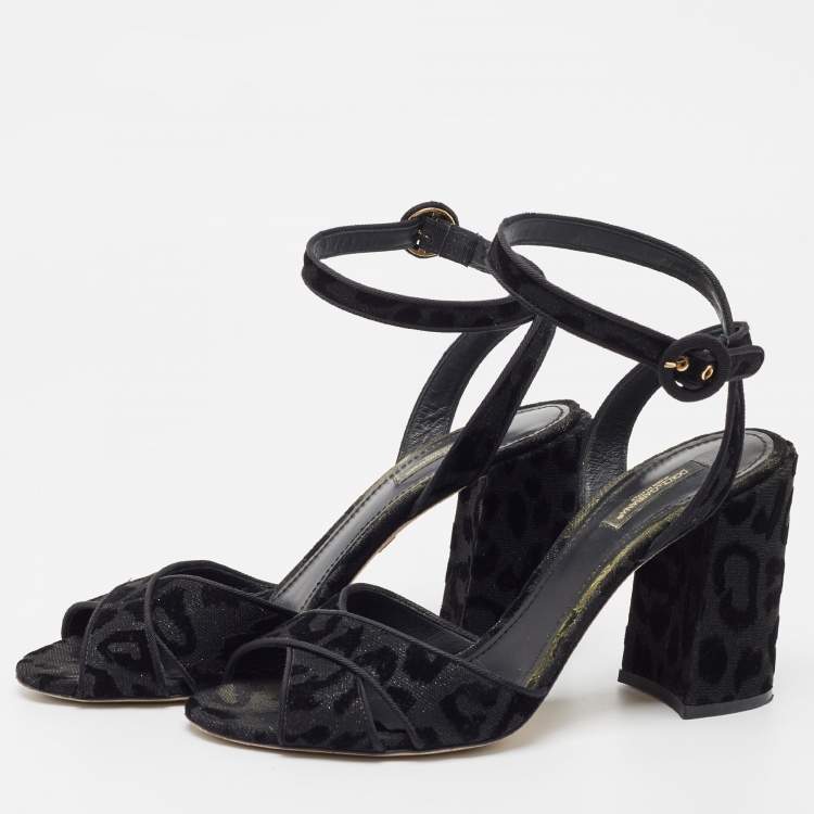 Pre Owned Dolce & Gabbana Black Leopard Print Glitter Fabric Ankle Strap Sandals Size 39.5