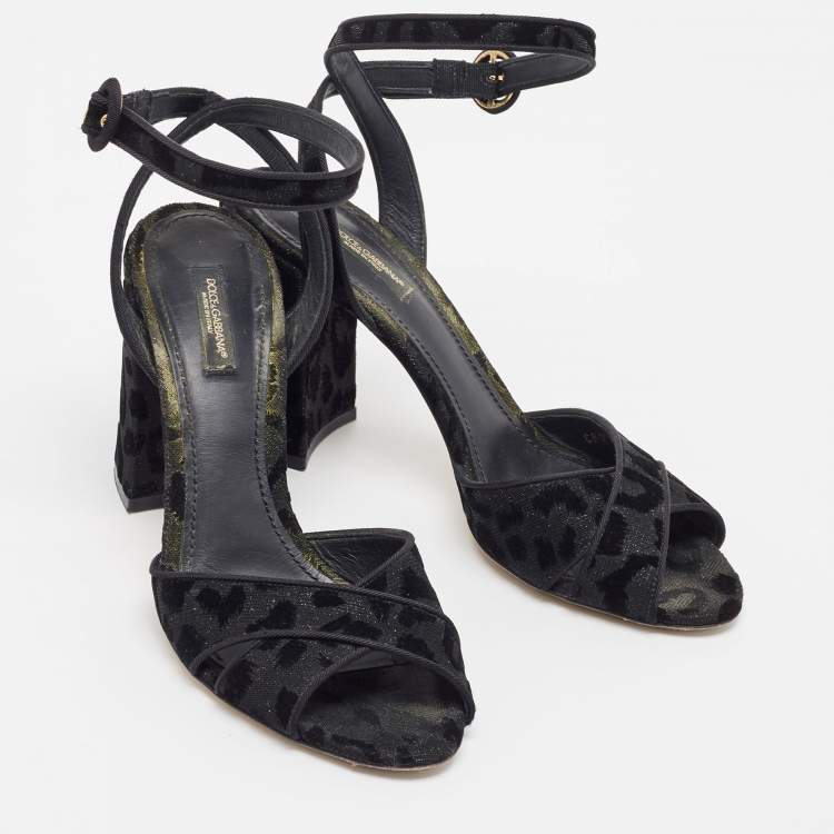 Pre Owned Dolce & Gabbana Black Leopard Print Glitter Fabric Ankle Strap Sandals Size 39.5