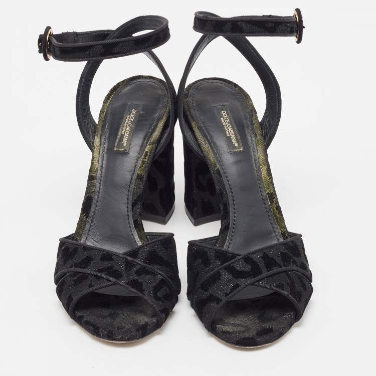 Pre Owned Dolce & Gabbana Black Leopard Print Glitter Fabric Ankle Strap Sandals Size 39.5