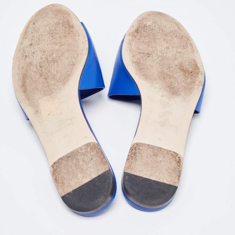 Pre Owned Dolce & Gabbana Blue Leather Flat Slides Size 38