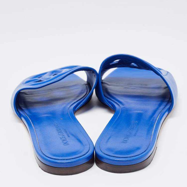 Pre Owned Dolce & Gabbana Blue Leather Flat Slides Size 38
