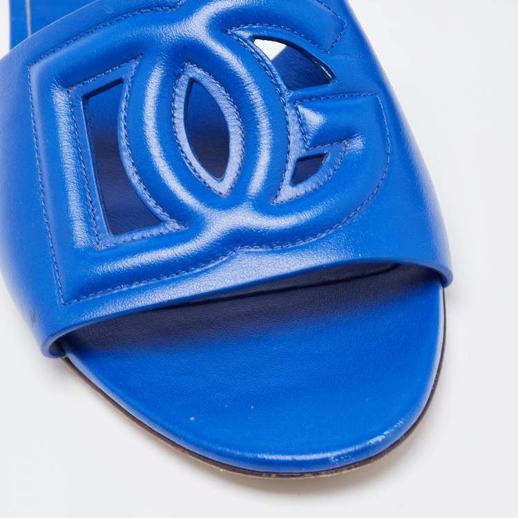 Pre Owned Dolce & Gabbana Blue Leather Flat Slides Size 38