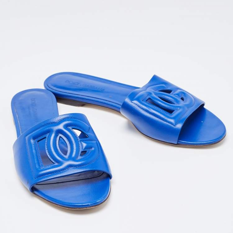 Pre Owned Dolce & Gabbana Blue Leather Flat Slides Size 38
