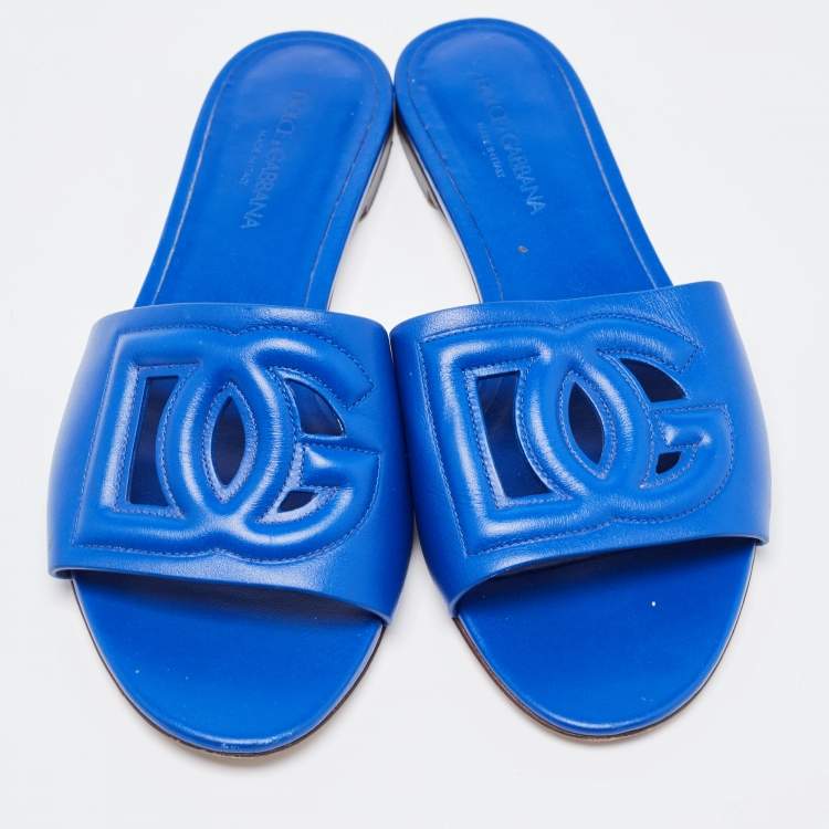 Pre Owned Dolce & Gabbana Blue Leather Flat Slides Size 38