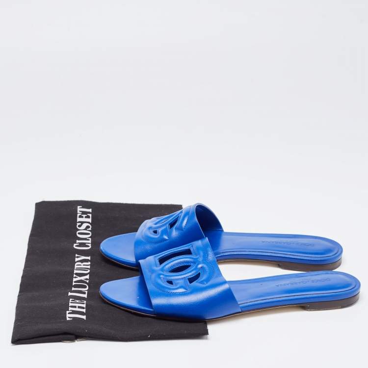 Pre Owned Dolce & Gabbana Blue Leather Flat Slides Size 38