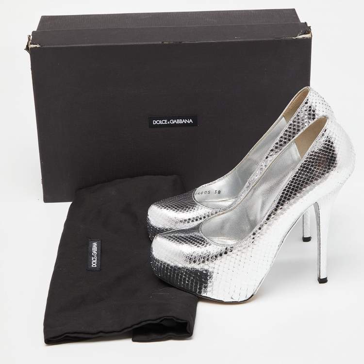 Pre Owned Dolce & Gabbana Silver Python Platform Pumps Size 38