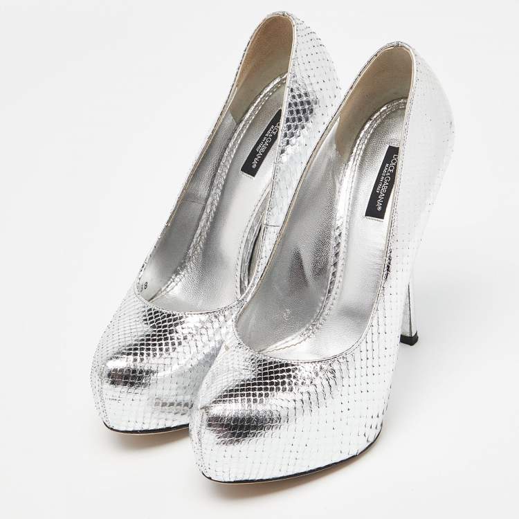 Pre Owned Dolce & Gabbana Silver Python Platform Pumps Size 38