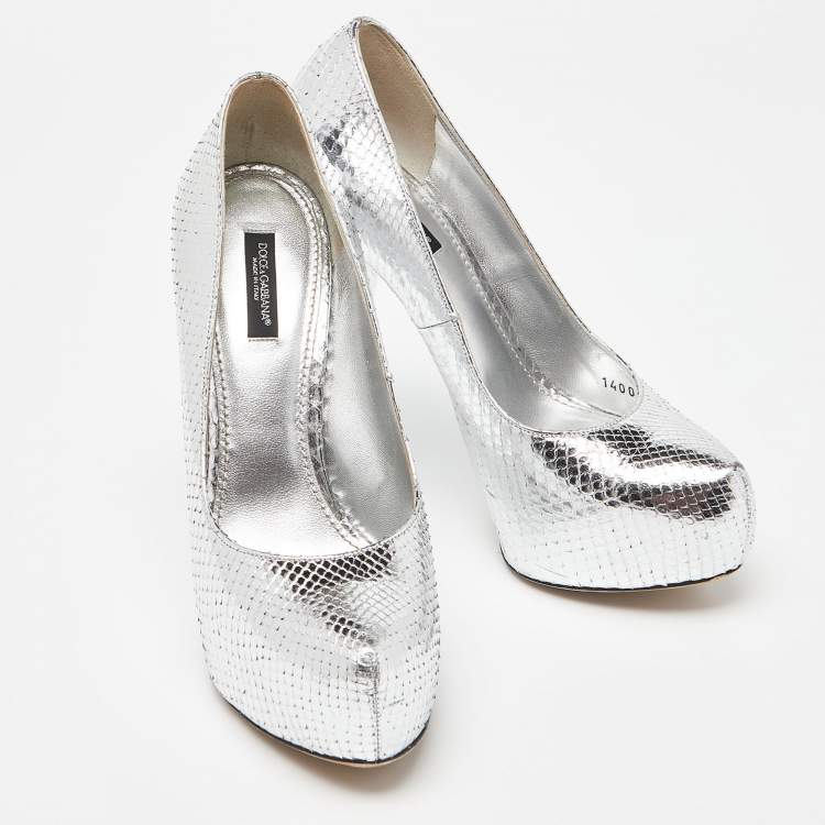 Pre Owned Dolce & Gabbana Silver Python Platform Pumps Size 38