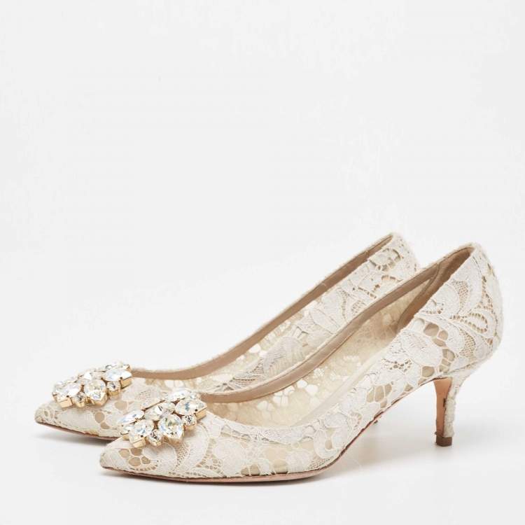 Pre Owned Dolce & Gabbana White Mesh and Lace Bellucci Pumps Size 37
