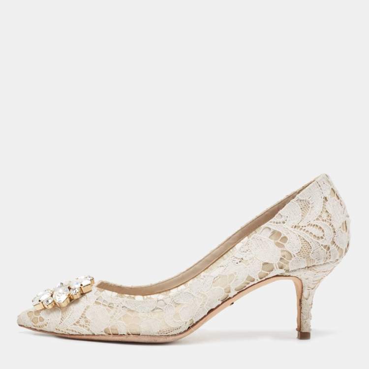 Pre Owned Dolce & Gabbana White Mesh and Lace Bellucci Pumps Size 37