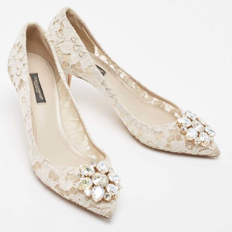 Pre Owned Dolce & Gabbana White Mesh and Lace Bellucci Pumps Size 37