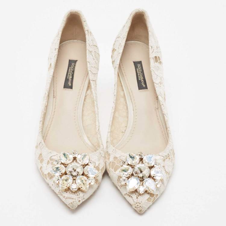 Pre Owned Dolce & Gabbana White Mesh and Lace Bellucci Pumps Size 37