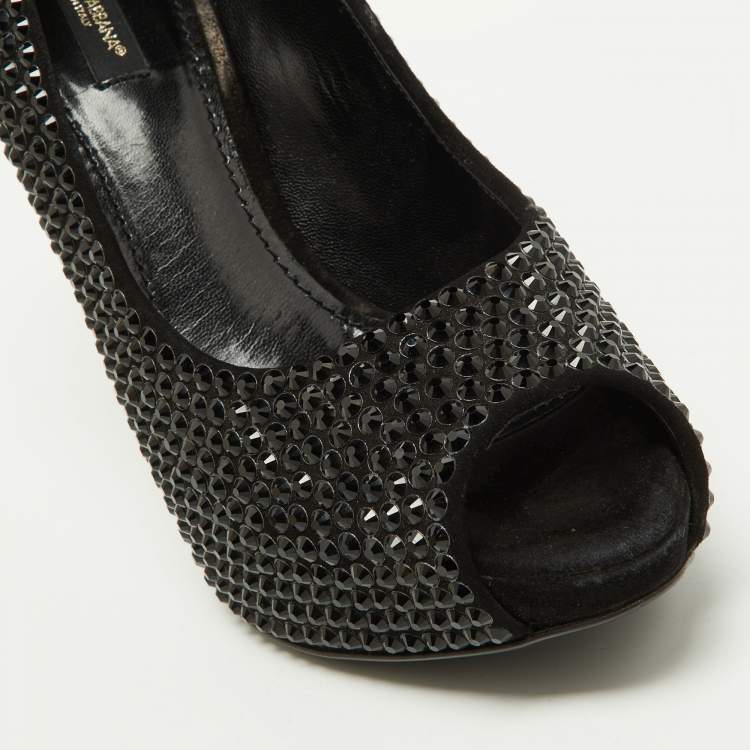 Pre Owned Dolce & Gabbana Black Satin Embellishments Pumps Size 38