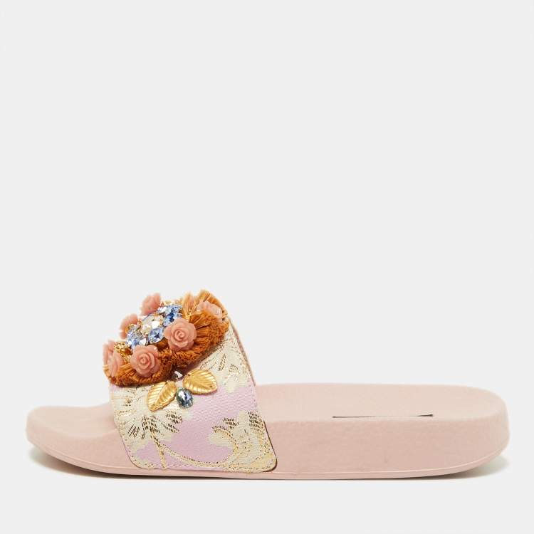 Pre Owned Dolce Gabbana Pink Jacquard Fabric Embellished Slides Size 36