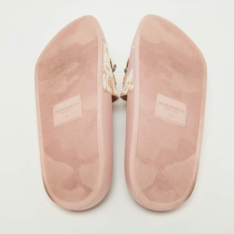 Pre Owned Dolce Gabbana Pink Jacquard Fabric Embellished Slides Size 36