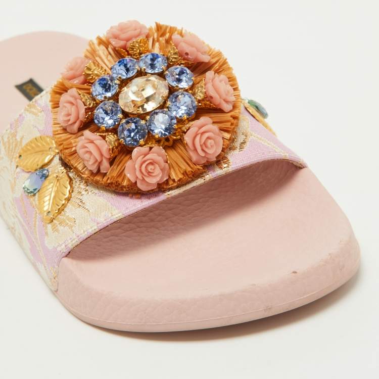 Pre Owned Dolce Gabbana Pink Jacquard Fabric Embellished Slides Size 36