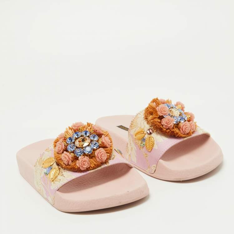 Pre Owned Dolce Gabbana Pink Jacquard Fabric Embellished Slides Size 36