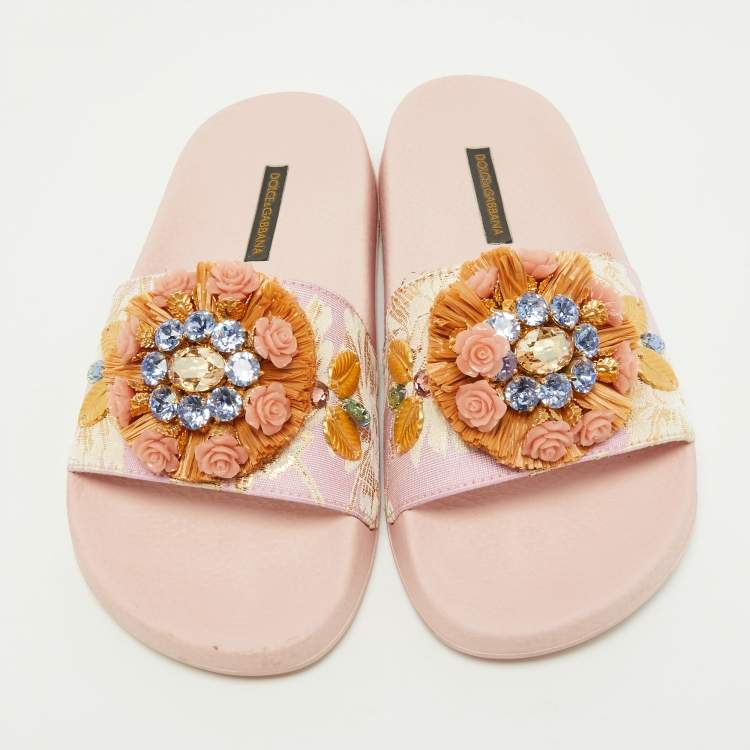 Pre Owned Dolce Gabbana Pink Jacquard Fabric Embellished Slides Size 36