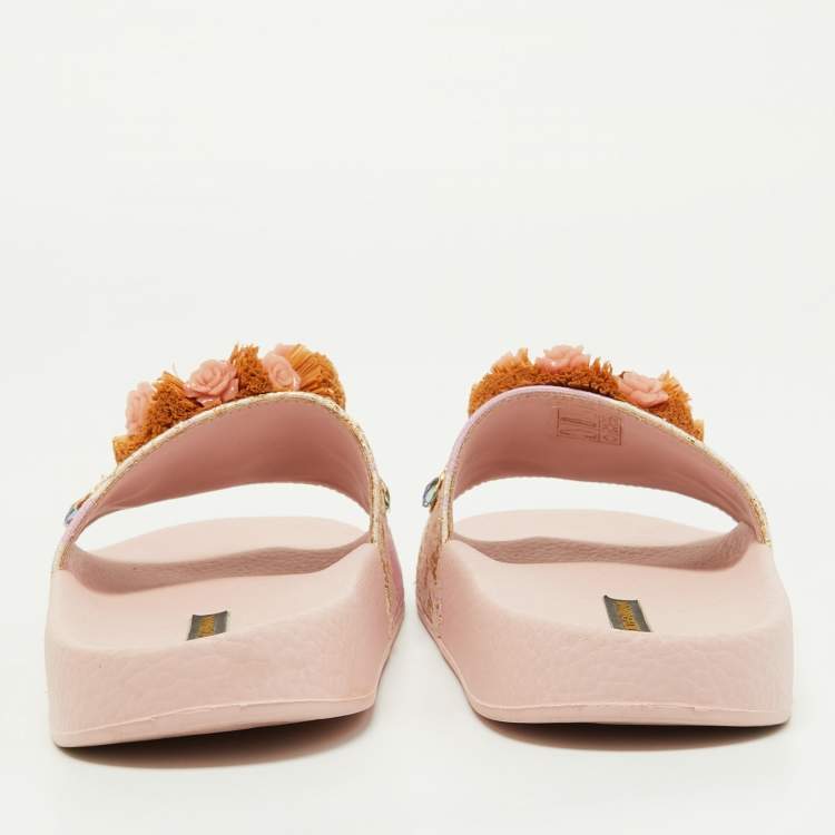 Pre Owned Dolce Gabbana Pink Jacquard Fabric Embellished Slides Size 36