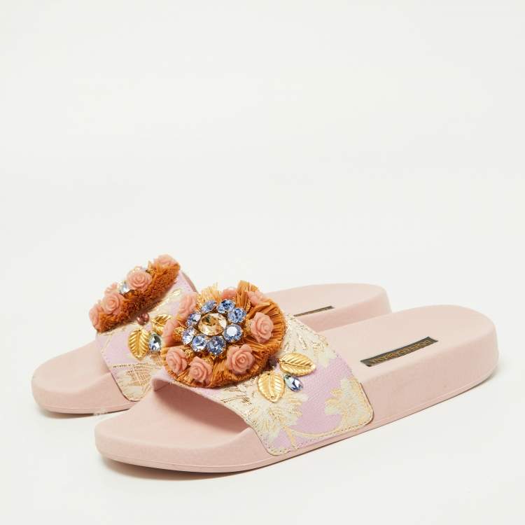 Pre Owned Dolce Gabbana Pink Jacquard Fabric Embellished Slides Size 36