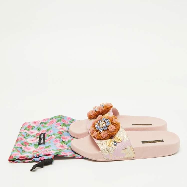 Pre Owned Dolce Gabbana Pink Jacquard Fabric Embellished Slides Size 36