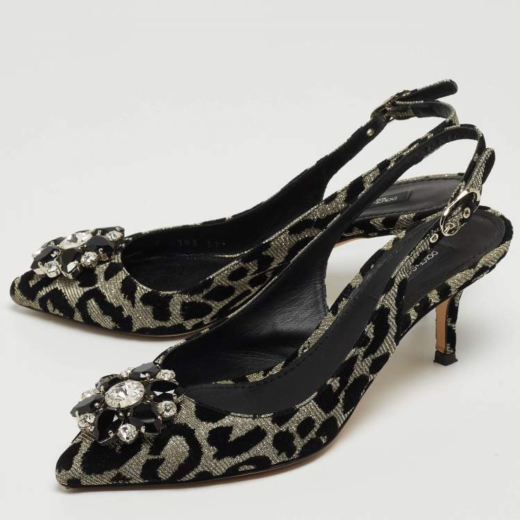 Pre Owned Dolce & Gabbana Black Velvet and Glitter Fabric Crystal Embellished Slingback Pointed Toe Pumps Size 37