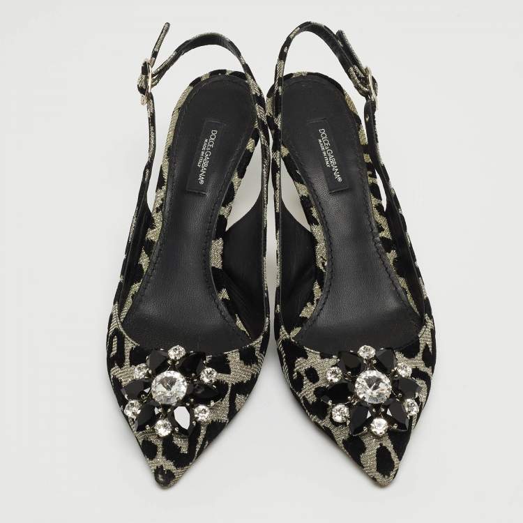 Pre Owned Dolce & Gabbana Black Velvet and Glitter Fabric Crystal Embellished Slingback Pointed Toe Pumps Size 37