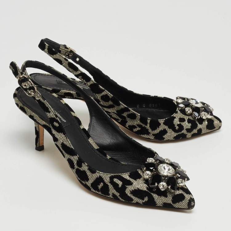 Pre Owned Dolce & Gabbana Black Velvet and Glitter Fabric Crystal Embellished Slingback Pointed Toe Pumps Size 37