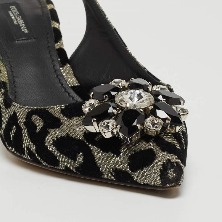 Pre Owned Dolce & Gabbana Black Velvet and Glitter Fabric Crystal Embellished Slingback Pointed Toe Pumps Size 37