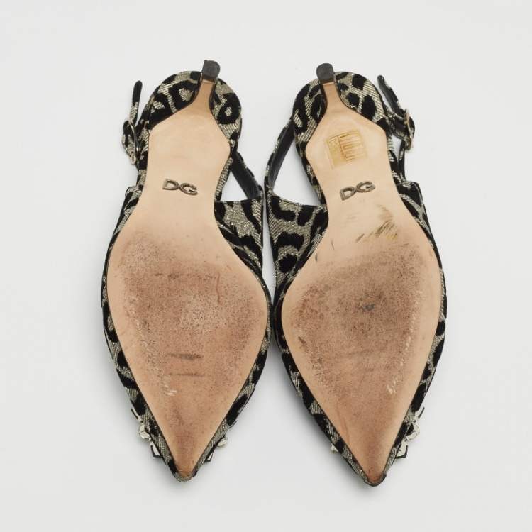 Pre Owned Dolce & Gabbana Black Velvet and Glitter Fabric Crystal Embellished Slingback Pointed Toe Pumps Size 37