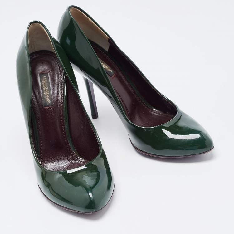 Pre Owned Dolce & Gabbana Green Patent Leather Almond Toe Pumps Size 37.5
