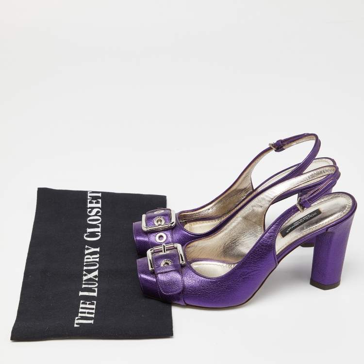 Pre Owned Dolce & Gabbana Metallic Purple Leather Buckle Detail Peep Toe Slingback Pumps Size 37