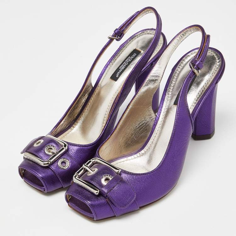 Pre Owned Dolce & Gabbana Metallic Purple Leather Buckle Detail Peep Toe Slingback Pumps Size 37