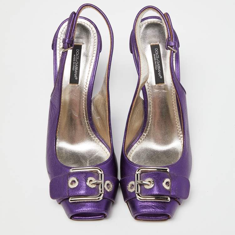 Pre Owned Dolce & Gabbana Metallic Purple Leather Buckle Detail Peep Toe Slingback Pumps Size 37